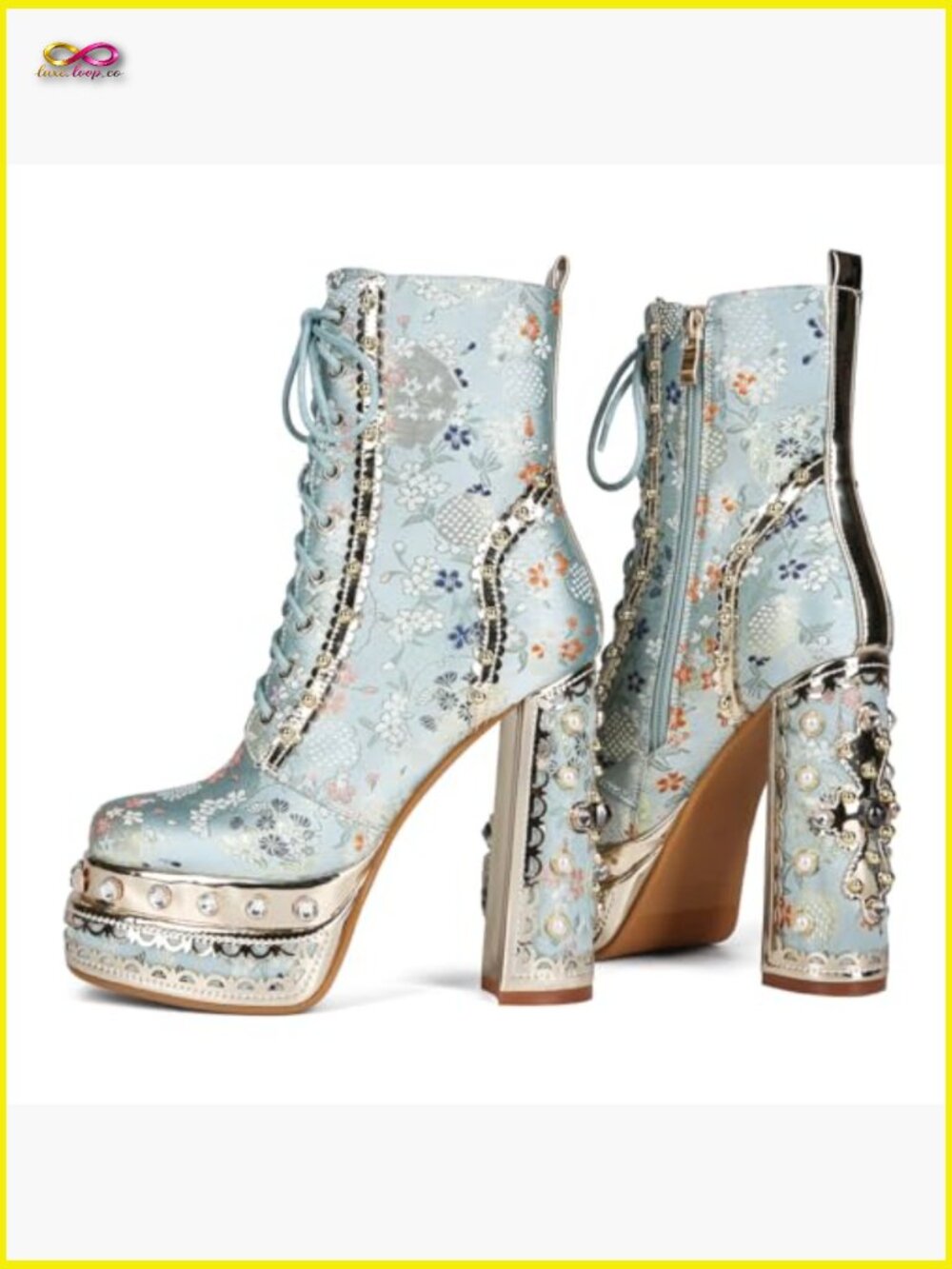 Cowgirl Block Heel Ankle Platform Boots Embroidered Fabric Gemstones Dress - Picture 4 of 7